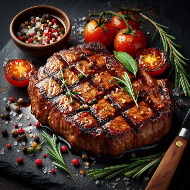 A slice of grilled steak next to a group of vegetablessome spices and rosemary on a dark background