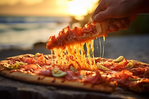 Foto una fetta di pizza hawaiana che viene tirata via mostrando il formaggio fuso filoso