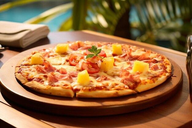 A slice of Hawaiian pizza being pulled away showcasing the stringy melted cheese