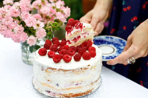 A slice of homemade raspberry cake on a saucer in female hands next to a cake in the summer garden. Selective focus