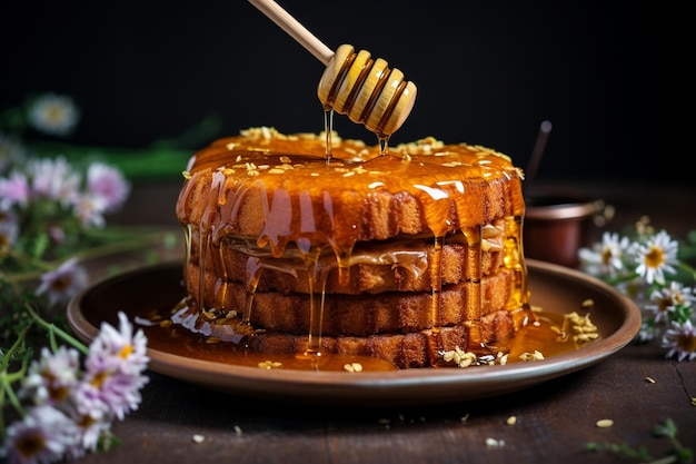 Photo a slice of honey cake on the spatula