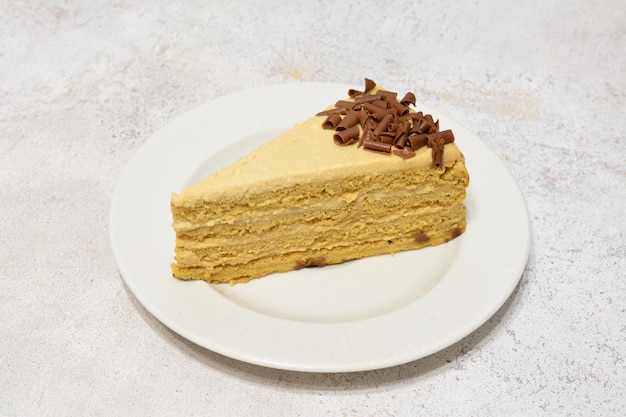 slice of honey cake with cream and chocolate chips isolated on white saucer, close-up