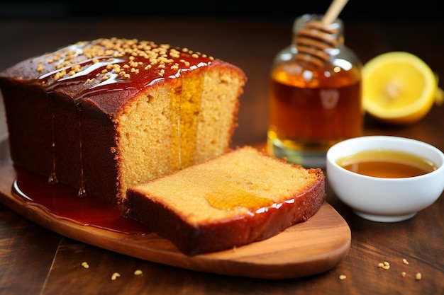 A slice of honey cake with lemon