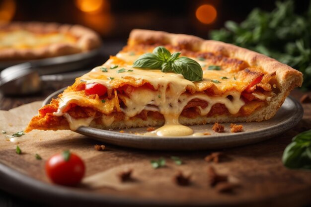 Slice of hot Italian pizza with melted cheese on wooden tray delicious restaurant food menu