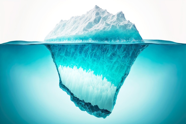 Photo slice of huge floating iceberg on white background its underwater and surface part