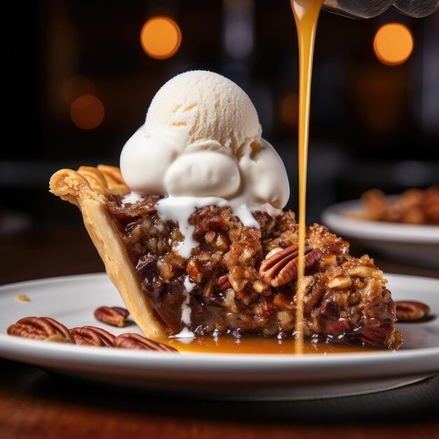 Photo slice ice pie scoop pecan vanilla thanksgiving served dessert cream