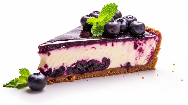 Photo slice of juicy blueberry cheesecake on white background