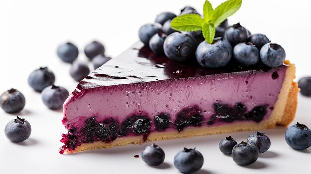 Photo slice of juicy blueberry cheesecake on white background