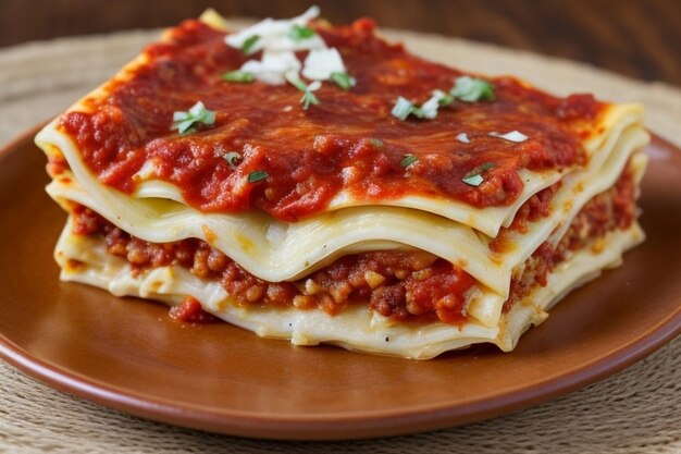 Slice of lasagna on rustic brown