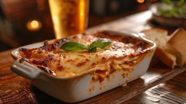 a slice of Lasagna with goldenbrown cheese on top in a ceramic dish on a wooden table Highlight its layers add basil garnishes and include a piece of crusty bread beside it