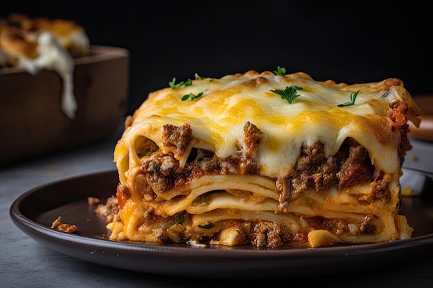 Slice of lasagna with melted cheese and meat in between the layers