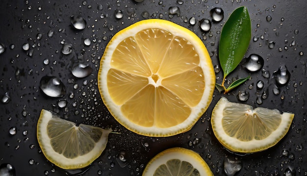 Slice of lemon on a black background with water droplets