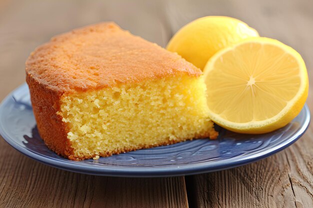 A slice of lemon cake on a blue plate