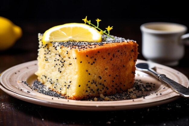 a slice of lemon cake with seeds on it