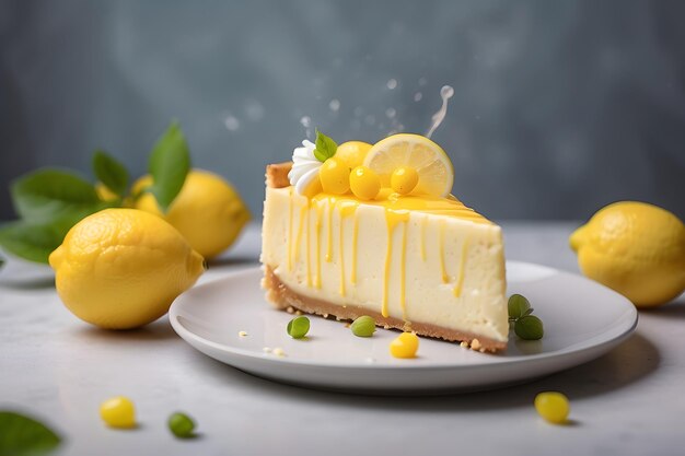 Photo a slice of lemon cheesecake decorated with berries on a white plate