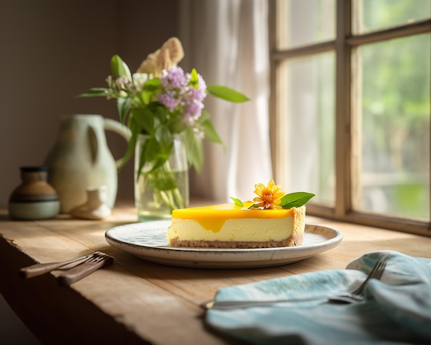 A slice of lemon cheesecake on a table next to a window.