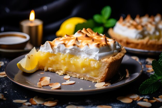 A slice of lemon pie with a cup of curd