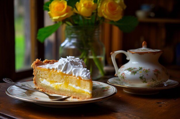 A slice of lemon pie with a cup of curd