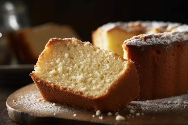 A slice of lemon pound cake on a wooden board