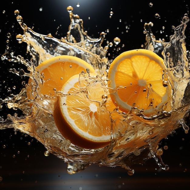 Slice of lemon splashing into a glass of water with a spray of water droplets in motion suspended