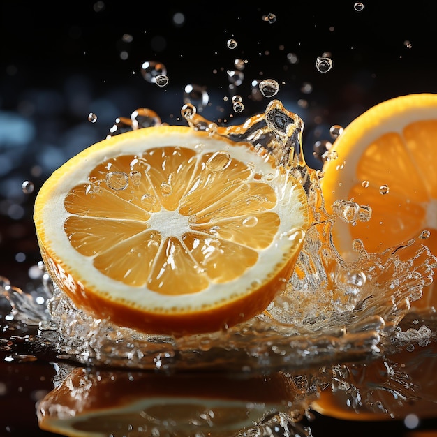 Slice of lemon splashing into a glass of water with a spray of water droplets in motion suspended