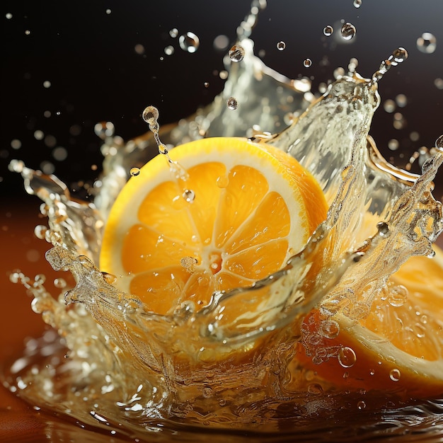 Photo slice of lemon splashing into a glass of water with a spray of water droplets in motion suspended