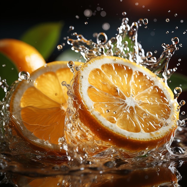 Slice of lemon splashing into a glass of water with a spray of water droplets in motion suspended