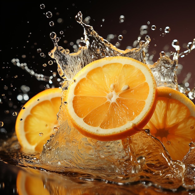 Slice of lemon splashing into a glass of water with a spray of water droplets in motion suspended