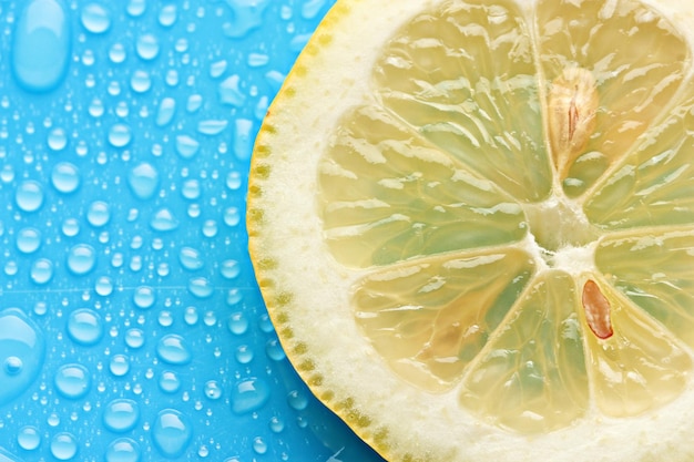 Slice of lemon with drop on blue background