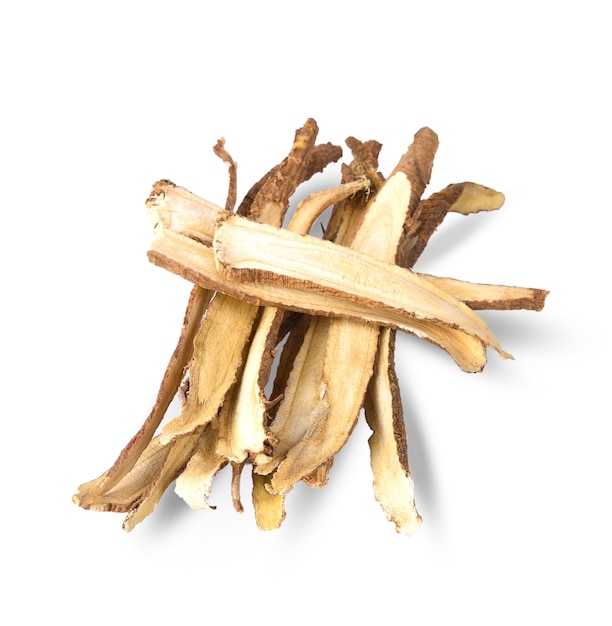 Slice Licorice roots on white isolated