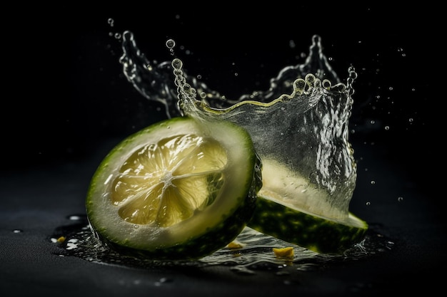 A slice of lime is being poured into a glass with water.