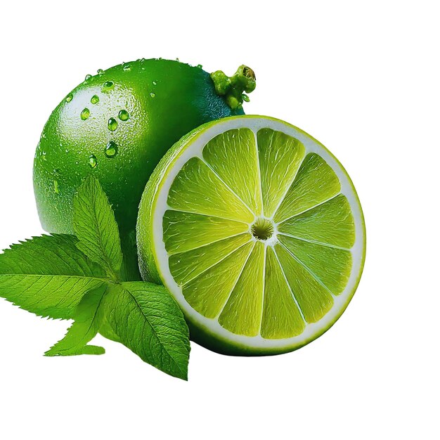 Slice of lime with mint leaves on a white background