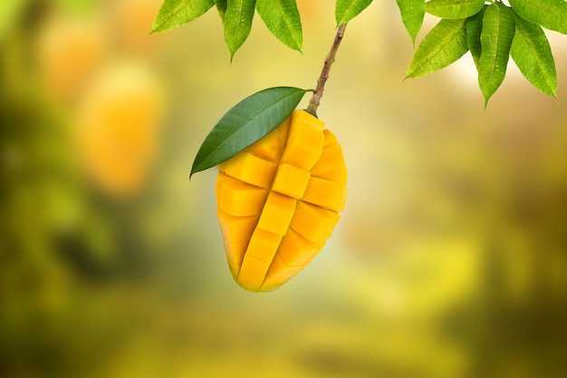Foto affettare il frutto del mango con foglie verdi appese all'albero