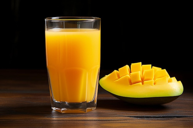A slice of mango resting on the edge of a glass of mango juice