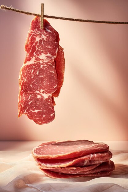 A slice of meat hang on a clothesline