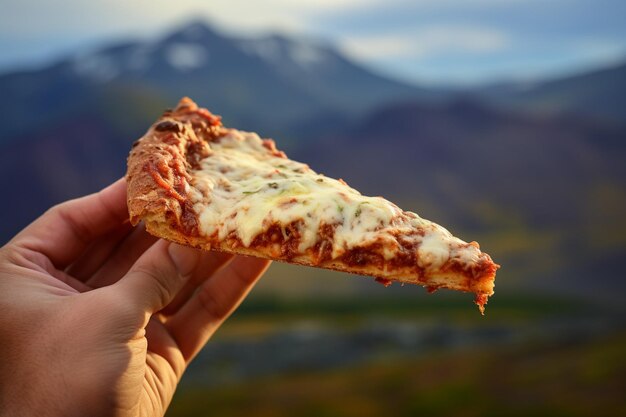 Кусочек мясной пиццы, поднятый на живописный закат