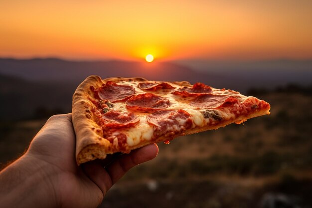 麗な夕暮れに反して肉のピザのスライスが持ち上げられています