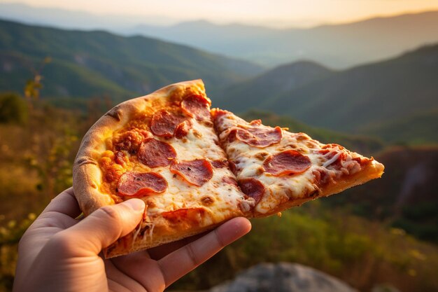 麗な夕暮れに反して肉のピザのスライスが持ち上げられています