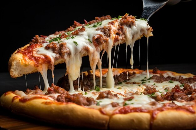 Photo a slice of meat pizza being held up against a picturesque sunset