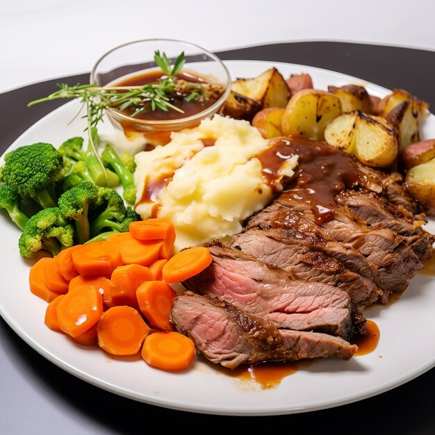 Slice of meat with mashed potatoes and vegetables