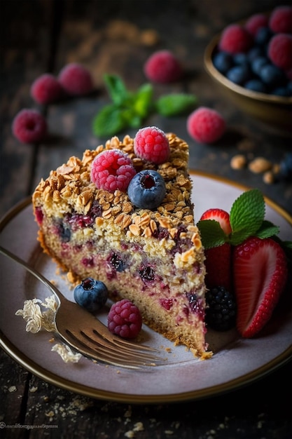 A slice of oatmeal cake with berries on a plate.