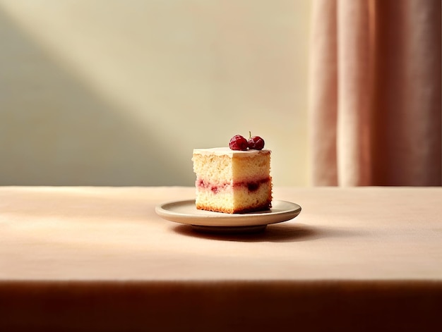 사진 민트 잎으로 장식된 크림을 곁들인 맛있는 달콤한 당근 스펀지 케이크 한 조각이 스푼으로 접시에 제공됩니다.