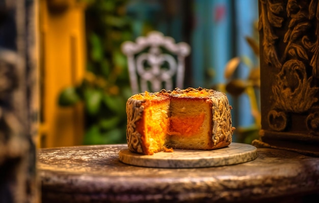 A slice of orange cake sat on an ornamental pedestal