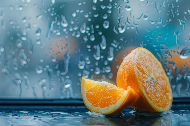 A slice of orange is on a window sill with raindrops on the glass