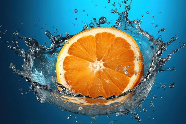 a slice orange splashing in a water splash