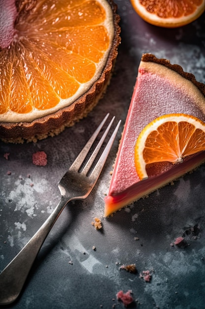 A slice of orange tart with a fork next to