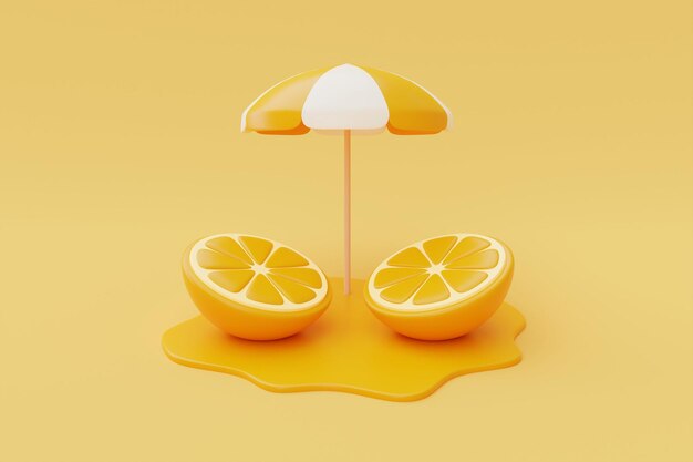 Slice of orange with beach umbrella isolate on orange background summer fruits 3d rendering