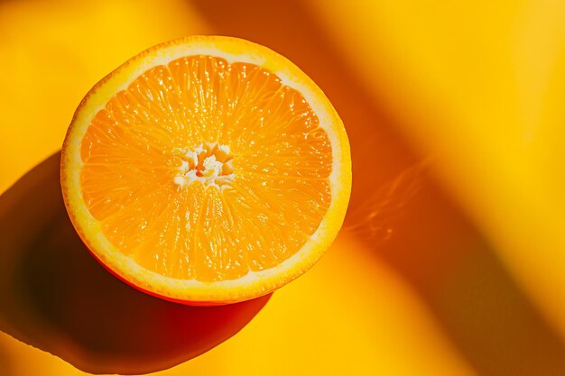Photo a slice of orange on a yellow surface
