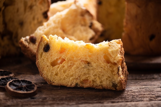 A slice of Panettone. Traditional italian christams cake panettone close up