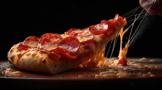 A slice of pepperoni pizza being poured into a pan